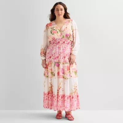 Melonie T Womens Plus V Neck Long Sleeve Balloon Maxi Dress