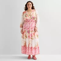 Melonie T Womens Plus V Neck Long Sleeve Balloon Maxi Dress