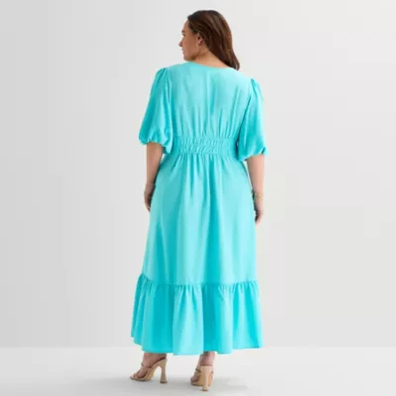 Melonie T Womens Plus Short Sleeve Midi Fit + Flare Dress