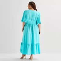 Melonie T Womens Plus Short Sleeve Midi Fit + Flare Dress