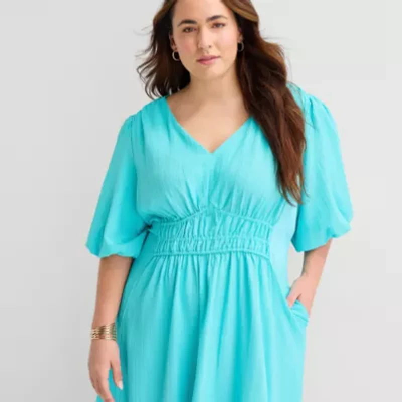 Melonie T Womens Plus Short Sleeve Midi Fit + Flare Dress