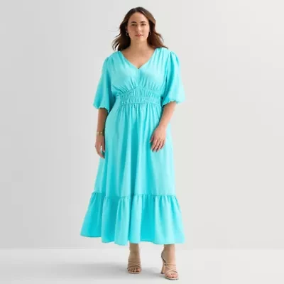 Melonie T Womens Plus Short Sleeve Midi Fit + Flare Dress