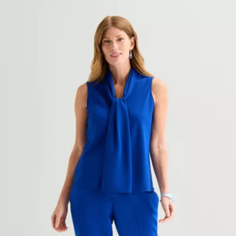 Black Label by Evan-Picone Womens Split Tie Neck Sleeveless Blouse