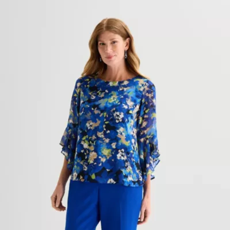 Black Label by Evan-Picone Womens Round Neck 3/4 Sleeve Blouse