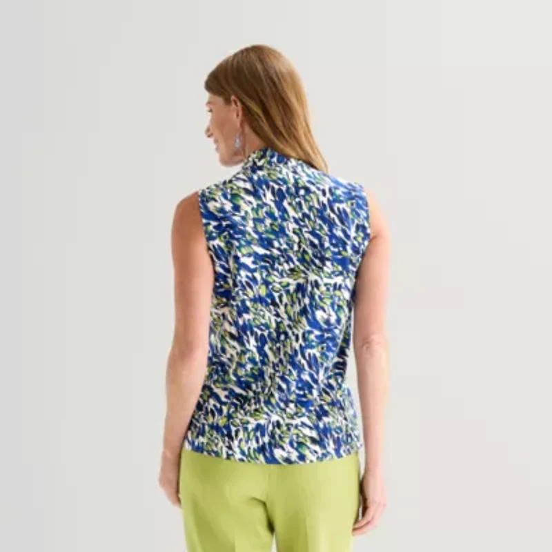 Black Label by Evan-Picone Womens Split Tie Neck Sleeveless Blouse