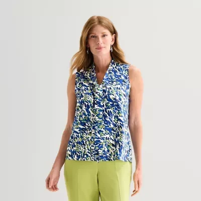 Black Label by Evan-Picone Womens Split Tie Neck Sleeveless Blouse