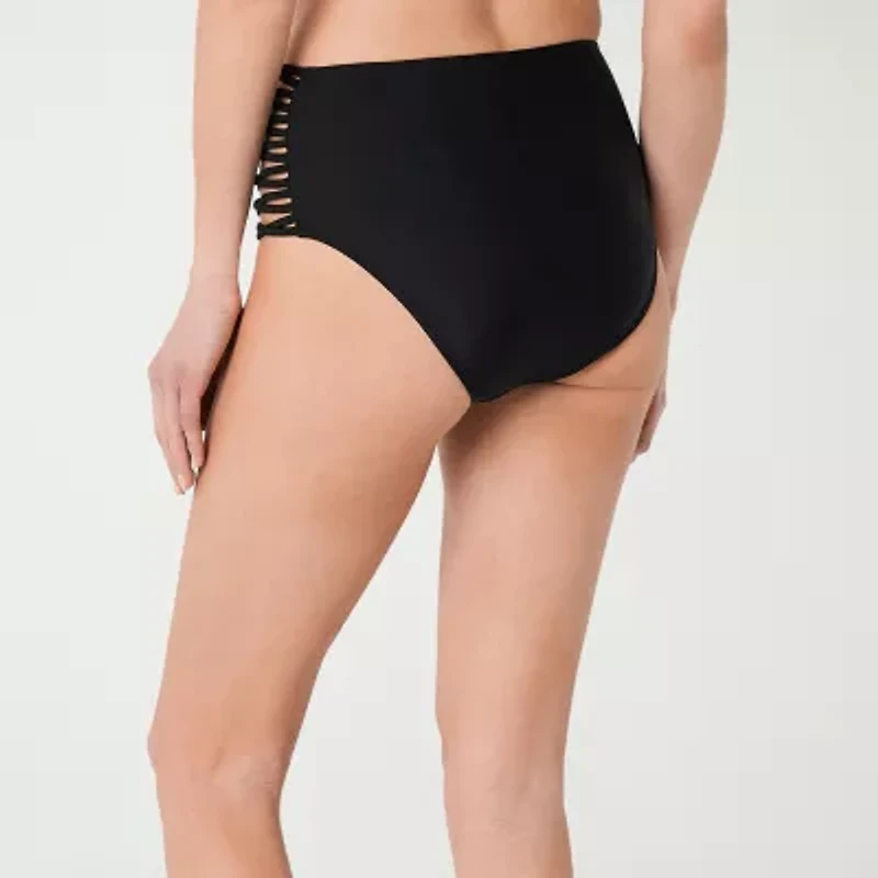 Decree Womens Solid Black Strappy Swimsuit Bottom Juniors