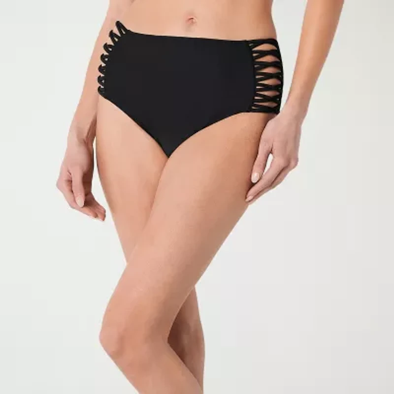 Decree Womens Solid Black Strappy Swimsuit Bottom Juniors