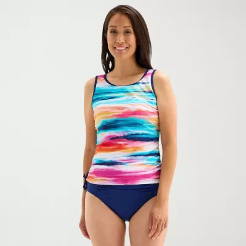 Free Country Womens Built Bra Shirred Stretch Fabric Striped Tankini Swimsuit Top