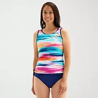 Free Country Womens Built Bra Shirred Stretch Fabric Striped Tankini Swimsuit Top