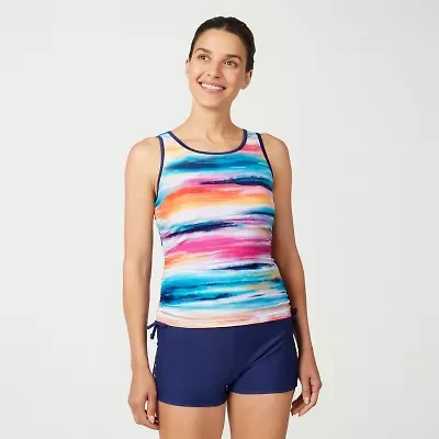 Free Country Womens Built Bra Shirred Stretch Fabric Striped Tankini Swimsuit Top