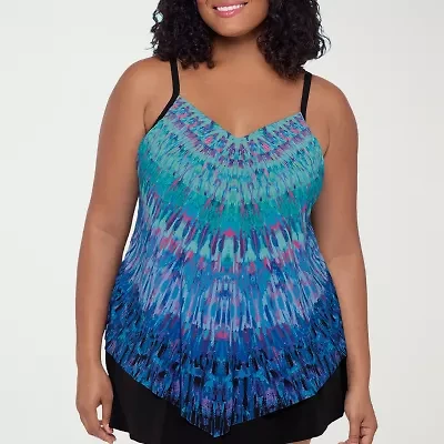 Trimshaper Womens Tie Dye Plus Tankini Swimsuit Top