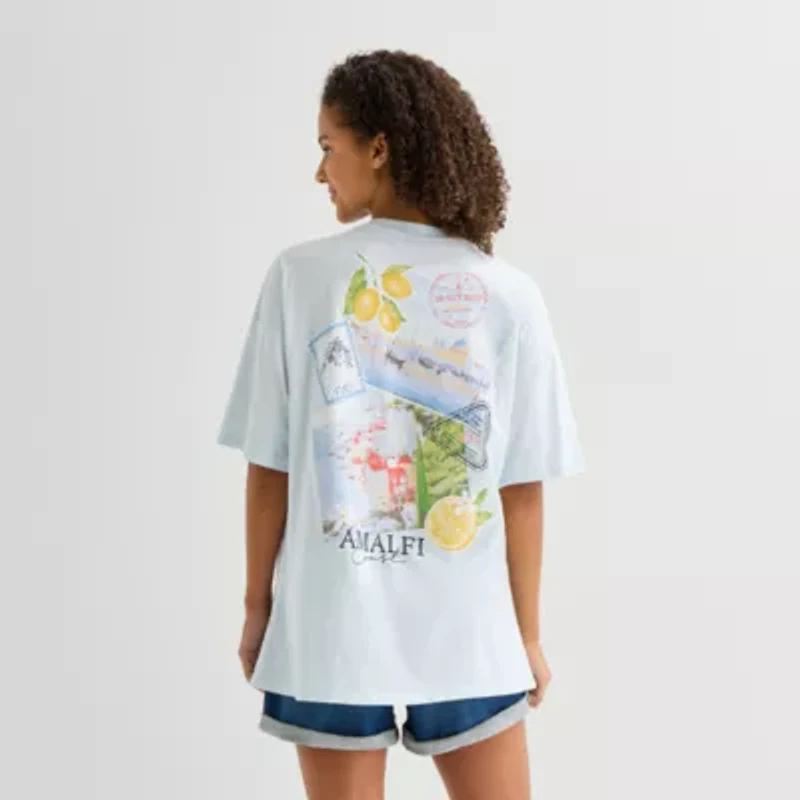 Arizona Womens Juniors Round Neck Short Sleeve Oversized Graphic T-Shirt