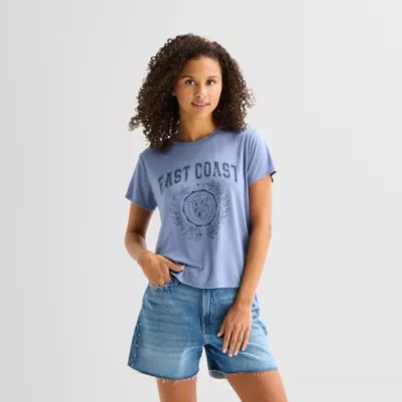 Arizona Womens Juniors Crew Neck Short Sleeve Regular Fit Graphic T-Shirt