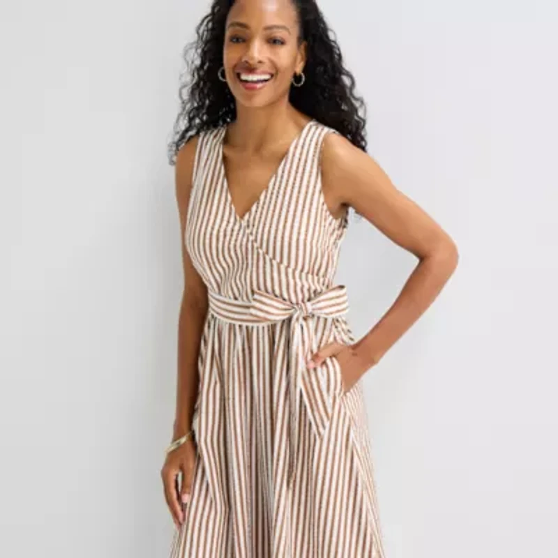 St. John's Bay Womens V Neck Sleeveless Striped A-Line Dress