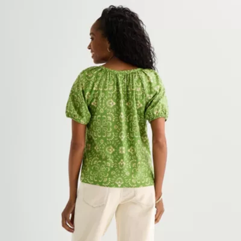 St. John's Bay Womens Round Neck Short Sleeve Regular Fit Button-Down Shirt