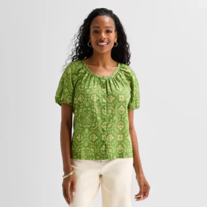St. John's Bay Womens Round Neck Short Sleeve Regular Fit Button-Down Shirt