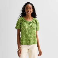 St. John's Bay Womens Round Neck Short Sleeve Regular Fit Button-Down Shirt