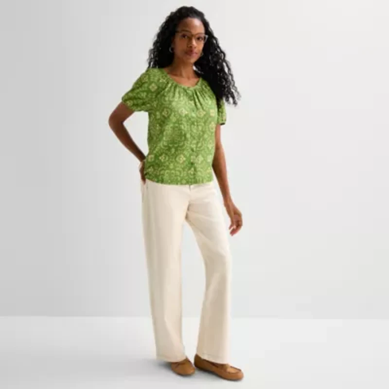 St. John's Bay Womens Round Neck Short Sleeve Regular Fit Button-Down Shirt