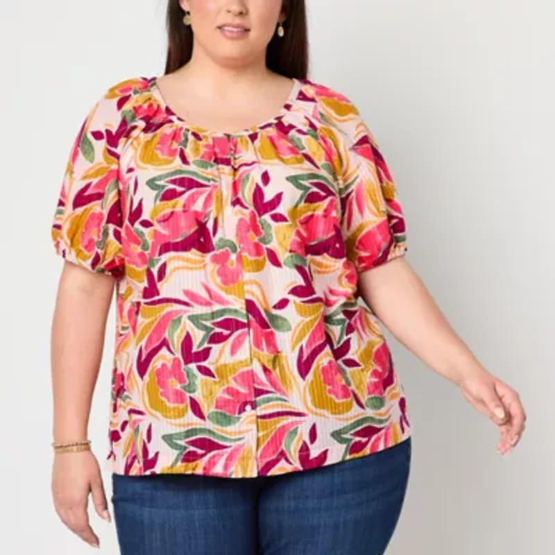 St. John's Bay Womens Plus Round Neck Short Sleeve Blouse