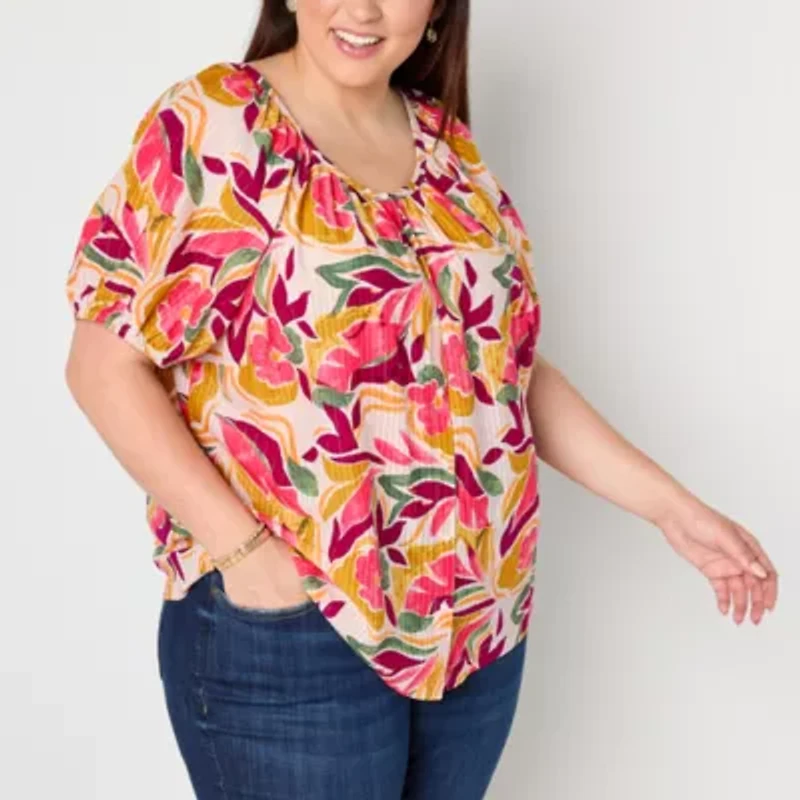 St. John's Bay Womens Plus Round Neck Short Sleeve Blouse