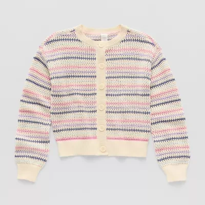 Thereabouts Little & Big Kid Girls Round Neck Long Sleeve Striped Cardigan