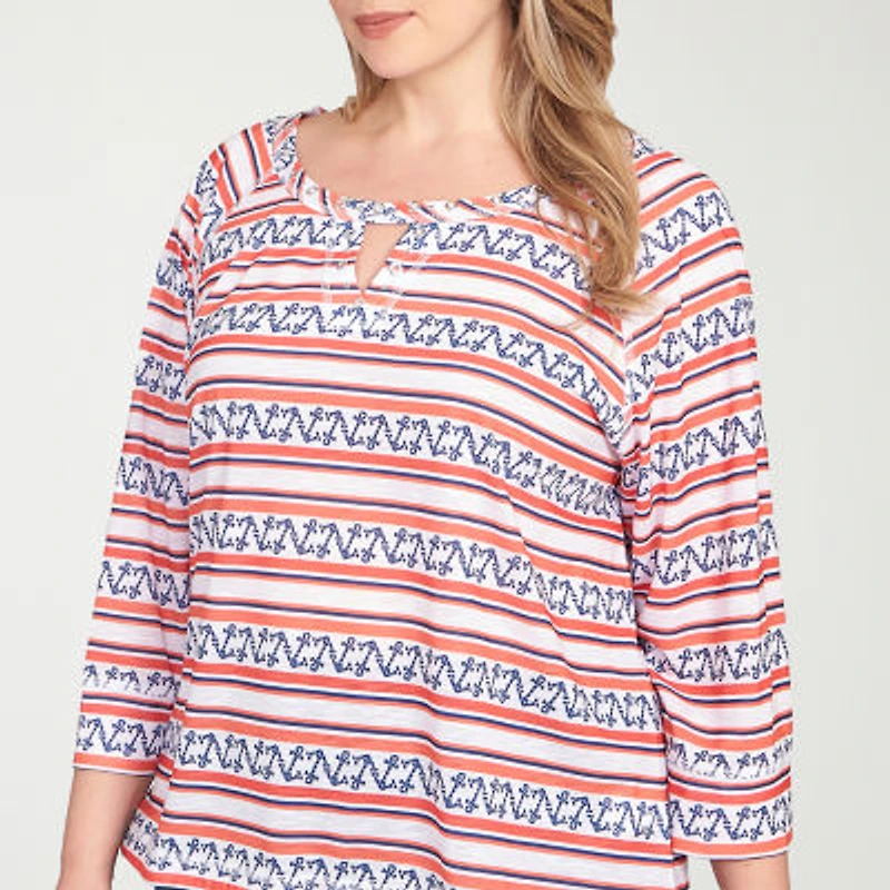 Hearts Of Palm Womens Plus Keyhole Neck 3/4 Sleeve T-Shirt