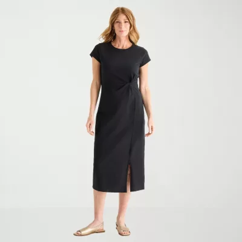 Liz Claiborne Womens Tall Midi Crew Neck Short Sleeve Sheath Dress