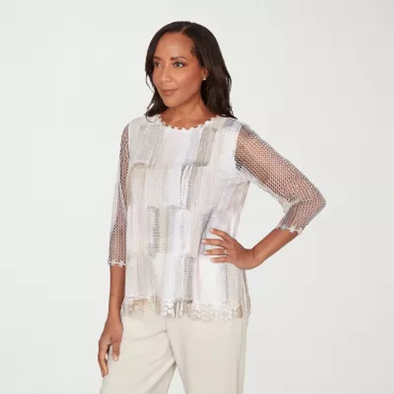 Alfred Dunner Natural Wonder Womens Crew Neck 3/4 Sleeve T-Shirt