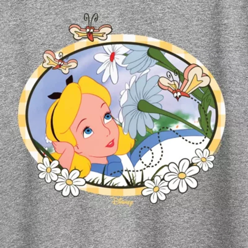 Alice Daisies Womens Crew Neck Short Sleeve Classic Fit Wonderland Graphic T-Shirt