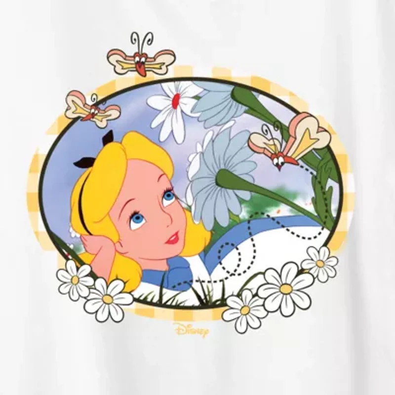 Alice Daisies Womens Crew Neck Short Sleeve Classic Fit Wonderland Graphic T-Shirt