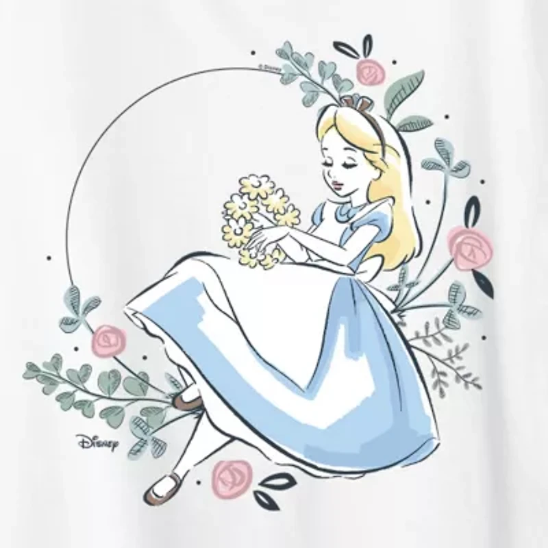 Circle Of Flowers Womens Crew Neck Short Sleeve Classic Fit Alice Wonderland Graphic T-Shirt