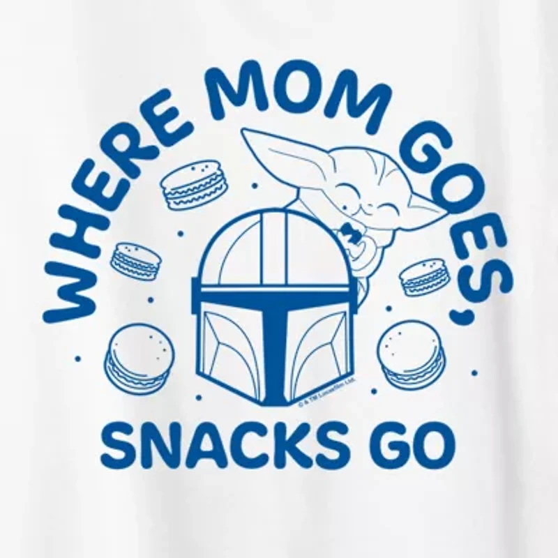 Where Mom Goes Snacks Womens Crew Neck Short Sleeve Classic Fit Baby Yoda Graphic T-Shirt