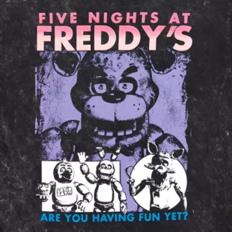 Womens Juniors Crew Neck Elbow Sleeve Oversized Five Nights at Freddys Graphic T-Shirt