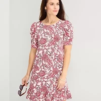 MSK Womens Round Neck Short Sleeve Puffed Paisley Fit + Flare Dress