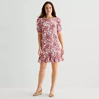 MSK Womens Round Neck Short Sleeve Puffed Paisley Fit + Flare Dress