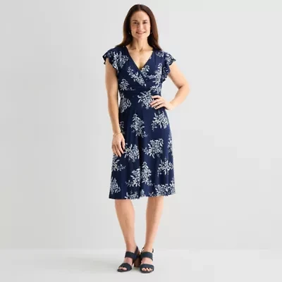 Jessica Howard Womens Short Sleeve Floral Midi Fit + Flare Dress