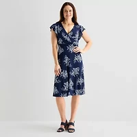 Jessica Howard Womens Short Sleeve Floral Midi Fit + Flare Dress