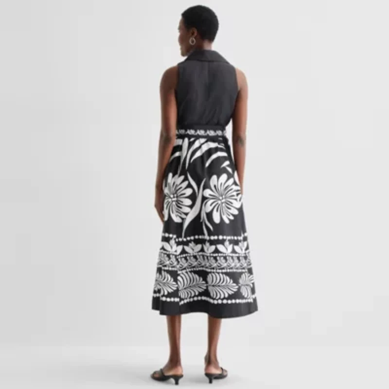 52seven Womens Midi Sleeveless Leaf Fit + Flare Dress