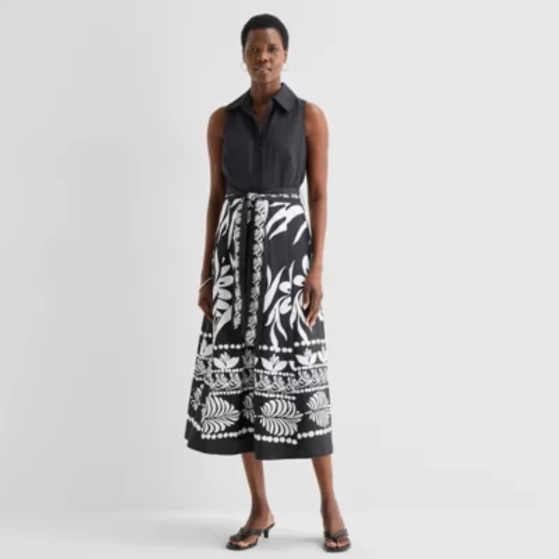 52seven Womens Midi Sleeveless Leaf Fit + Flare Dress