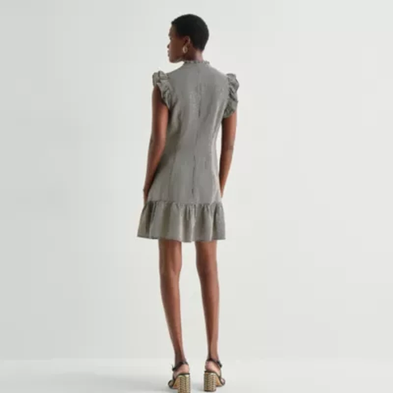 52seven Womens Split Tie Neck Sleeveless Striped Shift Dress