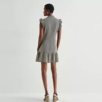 52seven Womens Split Tie Neck Sleeveless Striped Shift Dress