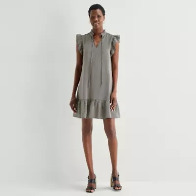 52seven Womens Split Tie Neck Sleeveless Striped Shift Dress