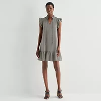 52seven Womens Split Tie Neck Sleeveless Striped Shift Dress