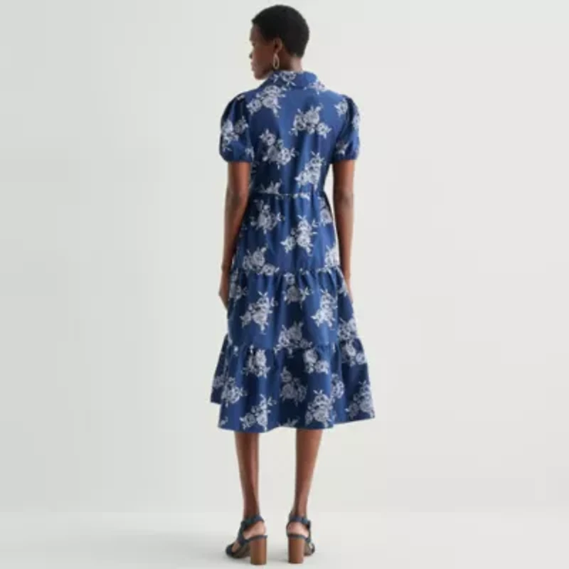 52seven Womens Midi Short Sleeve Floral Shift Dress