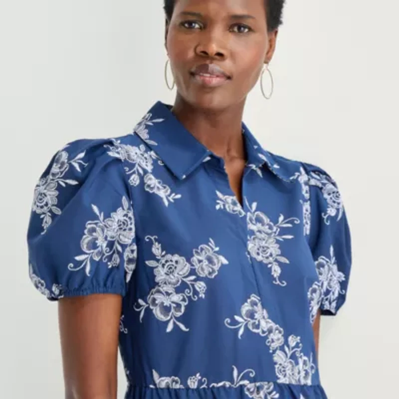52seven Womens Midi Short Sleeve Floral Shift Dress