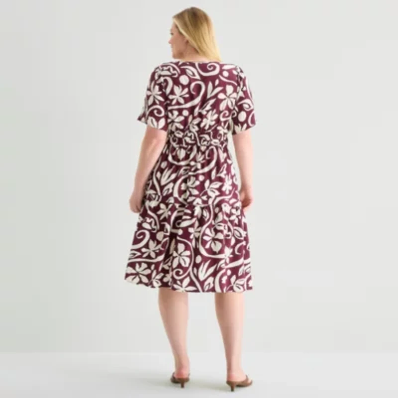 Isabel & Nina Womens Plus Midi Notch Neck Short Sleeve Flutter Abstract Fit + Flare Dress