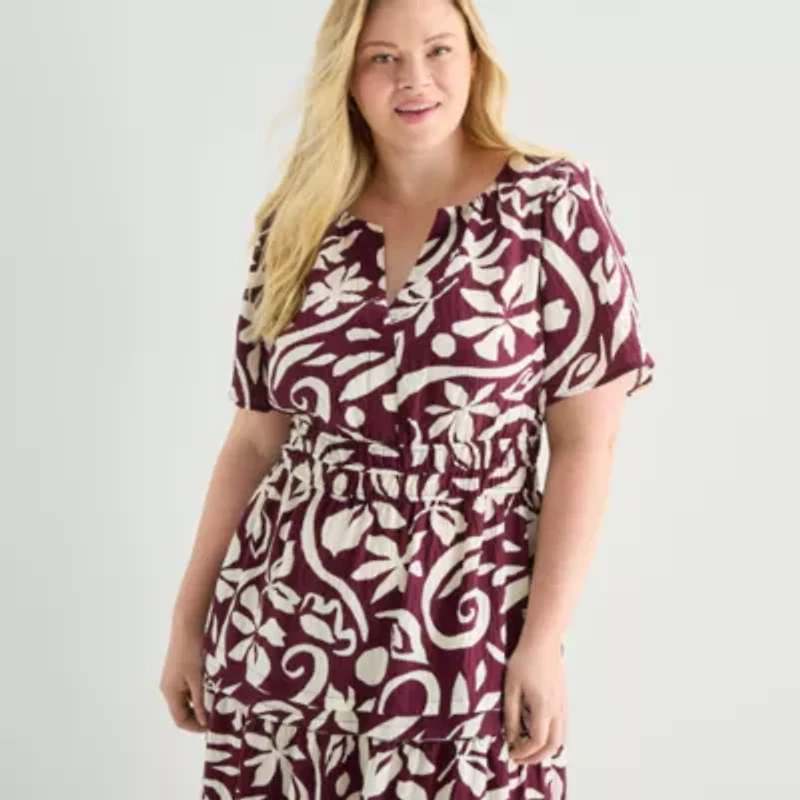 Isabel & Nina Womens Plus Midi Notch Neck Short Sleeve Flutter Abstract Fit + Flare Dress
