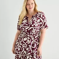 Isabel & Nina Womens Plus Midi Notch Neck Short Sleeve Flutter Abstract Fit + Flare Dress