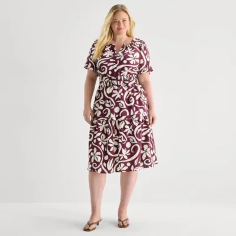 Isabel & Nina Womens Plus Midi Notch Neck Short Sleeve Flutter Abstract Fit + Flare Dress
